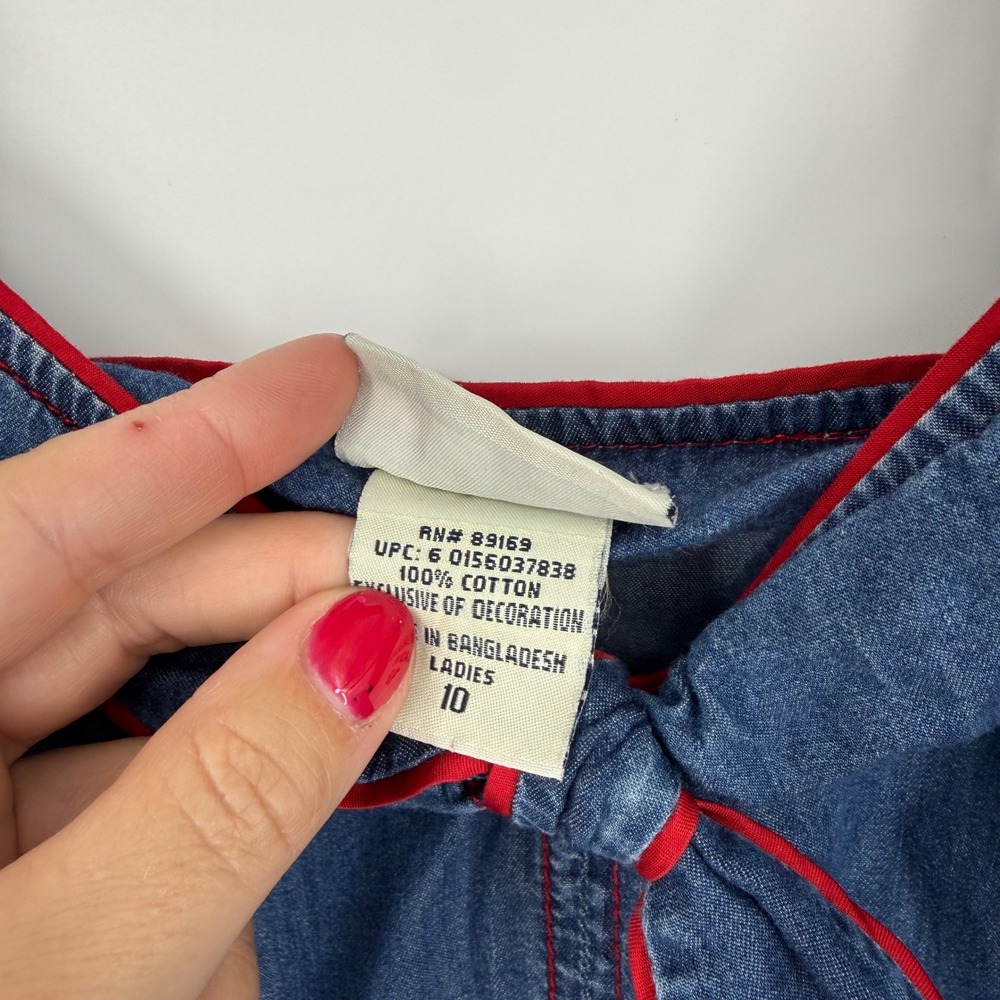 Y2K Faded Glory Women 10 Denim Dress Blue Red Trim Bow Tie Front Americana USA - Picture 4 of 6